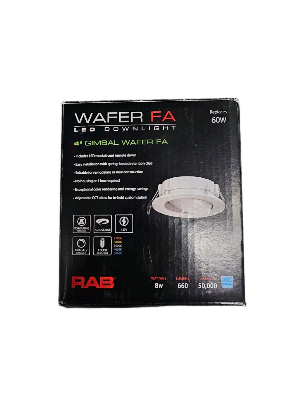 Lot of 2 RAB 4" Gimbal LED Wafer Downlights 5CCT Dimmable WFRL4R99FA120WB New